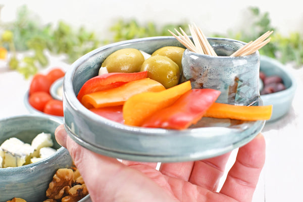 Snack Dip Ceramic Pottery Small Handmade Charcuterie Bowl, Spiral Blue Olives Cheese Dish Stoneware Party Serving Dining Housewarming Each