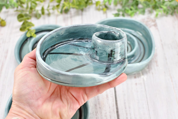 Snack Dip Ceramic Pottery Small Handmade Charcuterie Bowl, Spiral Blue Olives Cheese Dish Stoneware Party Serving Dining Housewarming Each