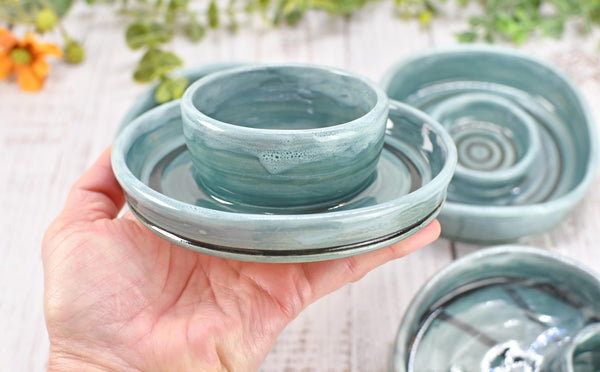 Snack Dip Ceramic Pottery Small Handmade Charcuterie Bowl, Spiral Blue Olives Cheese Dish Stoneware Party Serving Dining Housewarming Each