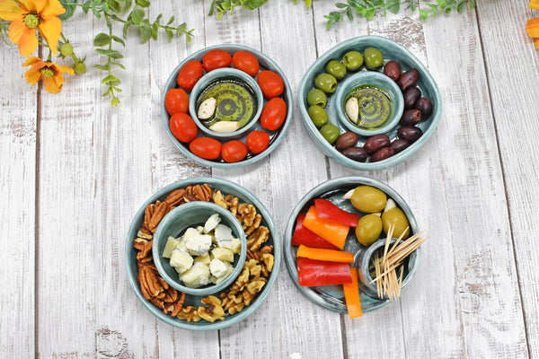 Snack Dip Ceramic Pottery Small Handmade Charcuterie Bowl, Spiral Blue Olives Cheese Dish Stoneware Party Serving Dining Housewarming Each