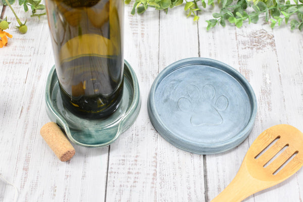Paw Print Ceramic Spoon Rest Stove Top Wine Bottle Drip Dish Handmade Stoneware Pottery Dog Cat Animal Lover Gift Coworker Friend Mom Blue