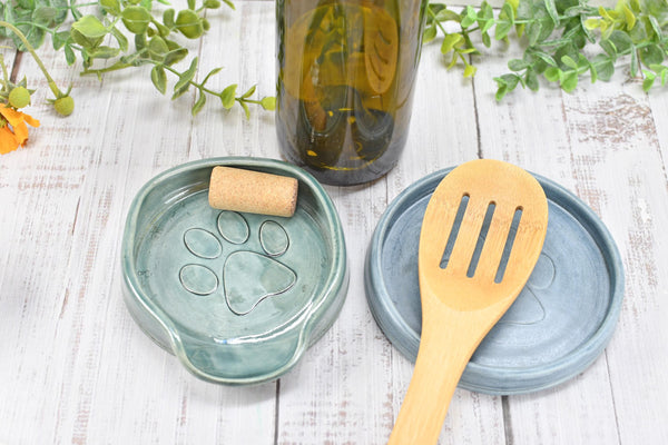 Paw Print Ceramic Spoon Rest Stove Top Wine Bottle Drip Dish Handmade Stoneware Pottery Dog Cat Animal Lover Gift Coworker Friend Mom Blue
