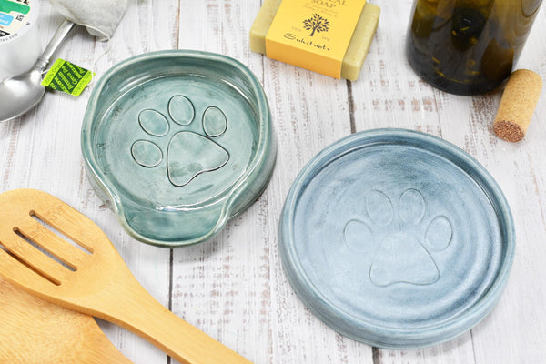 Paw Print Ceramic Spoon Rest Stove Top Wine Bottle Drip Dish Handmade Stoneware Pottery Dog Cat Animal Lover Gift Coworker Friend Mom Blue