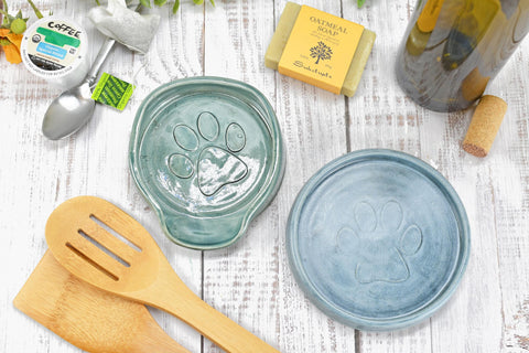 Paw Print Ceramic Spoon Rest Stove Top Wine Bottle Drip Dish Handmade Stoneware Pottery Dog Cat Animal Lover Gift Coworker Friend Mom Blue