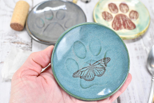 Paw Print Ceramic Small Coffee Spoon Rest, Jewelry Trinket Dish, Handmade Stoneware Pottery in Blue, Green, Teal, Brown, Black, Unique Gift