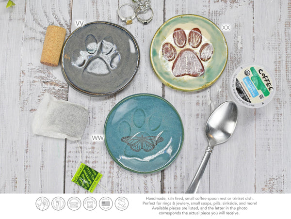 Paw Print Ceramic Small Coffee Spoon Rest, Jewelry Trinket Dish, Handmade Stoneware Pottery in Blue, Green, Teal, Brown, Black, Unique Gift