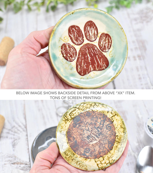 Paw Print Ceramic Small Coffee Spoon Rest, Jewelry Trinket Dish, Handmade Stoneware Pottery in Blue, Green, Teal, Brown, Black, Unique Gift