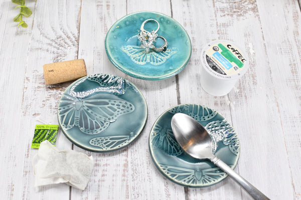 Monarch Butterfly Ceramic Small Coffee Spoon Rest, Handmade Stoneware Pottery Jewelry Trinket Dish, Bright Colors, Nature Gift for Mom