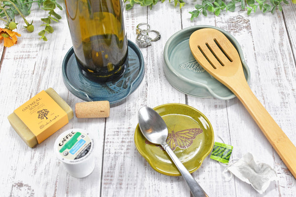 Butterfly Ceramic Spoon Rest Handmade Stoneware Pottery Stove Top Dining Soap Dish Jewelry Trinket Wine Bottle Drip Blue Green Gray Black