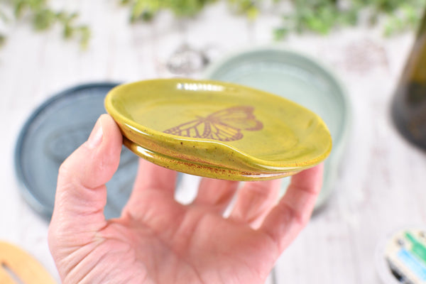 Butterfly Ceramic Spoon Rest Handmade Stoneware Pottery Stove Top Dining Soap Dish Jewelry Trinket Wine Bottle Drip Blue Green Gray Black