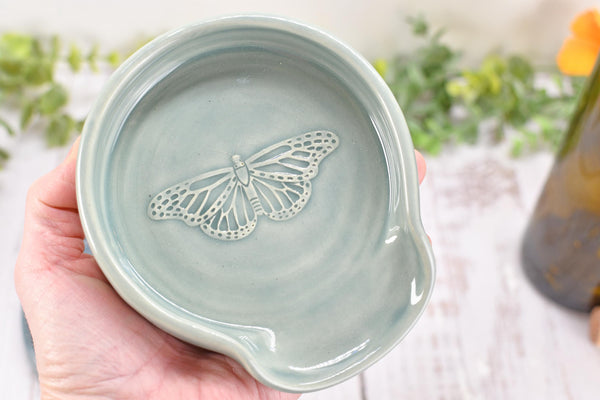Butterfly Ceramic Spoon Rest Handmade Stoneware Pottery Stove Top Dining Soap Dish Jewelry Trinket Wine Bottle Drip Blue Green Gray Black