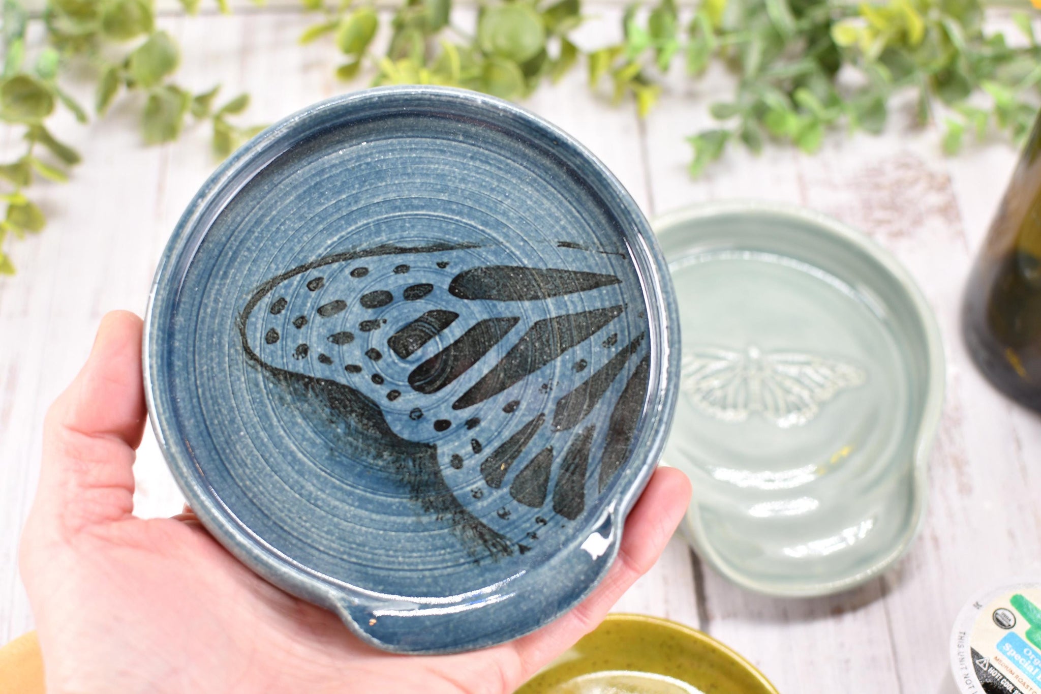 Butterfly Ceramic Spoon Rest Handmade Stoneware Pottery Stove Top Dining Soap Dish Jewelry Trinket Wine Bottle Drip Blue Green Gray Black