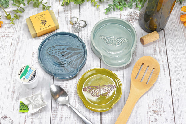 Butterfly Ceramic Spoon Rest Handmade Stoneware Pottery Stove Top Dining Soap Dish Jewelry Trinket Wine Bottle Drip Blue Green Gray Black