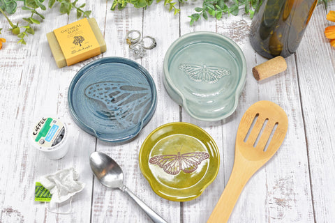 Butterfly Ceramic Spoon Rest Handmade Stoneware Pottery Stove Top Dining Soap Dish Jewelry Trinket Wine Bottle Drip Blue Green Gray Black