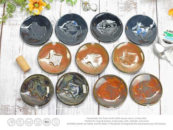 Texas Ceramic Small Coffee Spoon Rest, Handmade Jewelry Trinket Dish, Stoneware Pottery, Burnt Orange, Blue, Turquoise, Brown, Green, Black