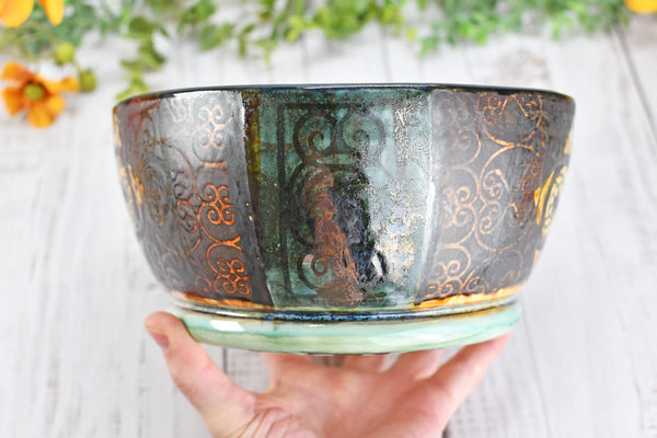 Ceramic Bowl Handmade Pottery Mediterranean Medium Salad Fruit Dish Stoneware Party Dining Serving Centerpiece Earthy Bronze Black SECONDS