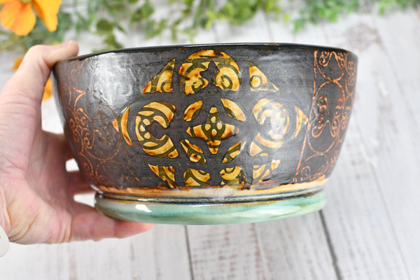 Ceramic Bowl Handmade Pottery Mediterranean Medium Salad Fruit Dish Stoneware Party Dining Serving Centerpiece Earthy Bronze Black SECONDS