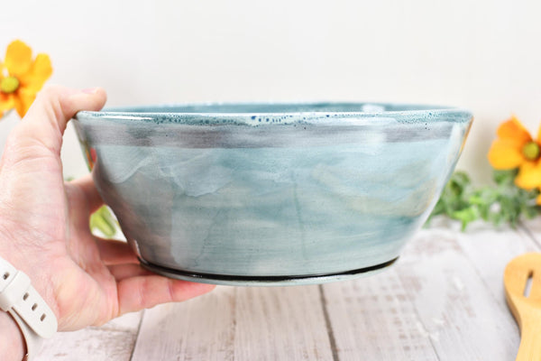 Ceramic Pottery Bowl Handmade, Blue Stoneware Medium Size Dish Party Serving Dining Fruit Salad Bread Pasta Housewarming Centerpiece