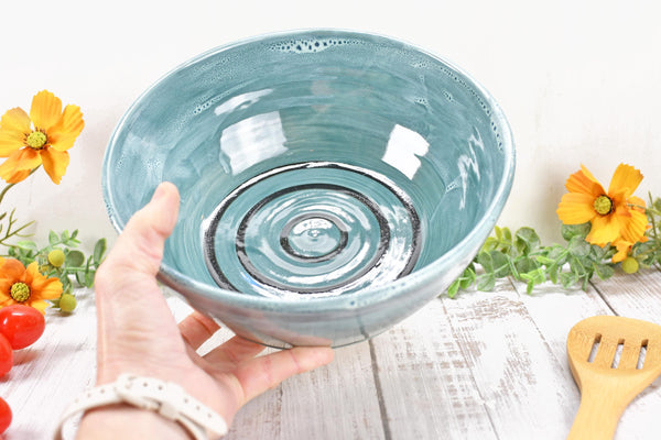 Ceramic Pottery Bowl Handmade, Blue Stoneware Medium Size Dish Party Serving Dining Fruit Salad Bread Pasta Housewarming Centerpiece