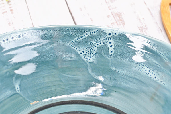 Ceramic Pottery Bowl Handmade, Blue Stoneware Medium Size Dish Party Serving Dining Fruit Salad Bread Pasta Housewarming Centerpiece