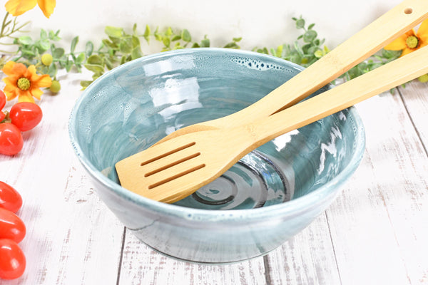 Ceramic Pottery Bowl Handmade, Blue Stoneware Medium Size Dish Party Serving Dining Fruit Salad Bread Pasta Housewarming Centerpiece