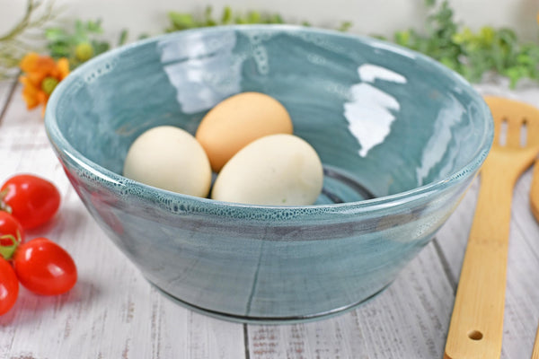 Ceramic Pottery Bowl Handmade, Blue Stoneware Medium Size Dish Party Serving Dining Fruit Salad Bread Pasta Housewarming Centerpiece