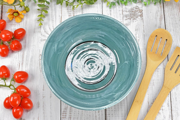 Ceramic Pottery Bowl Handmade, Blue Stoneware Medium Size Dish Party Serving Dining Fruit Salad Bread Pasta Housewarming Centerpiece