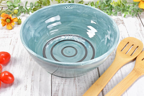 Ceramic Pottery Bowl Handmade, Blue Stoneware Medium Size Dish Party Serving Dining Fruit Salad Bread Pasta Housewarming Centerpiece