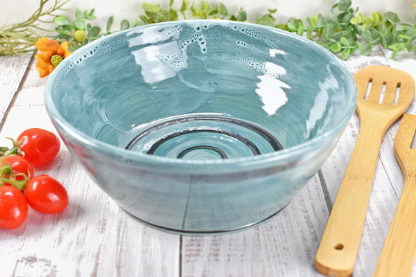 Ceramic Pottery Bowl Handmade, Blue Stoneware Medium Size Dish Party Serving Dining Fruit Salad Bread Pasta Housewarming Centerpiece