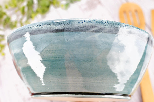 Ceramic Pottery Bowl Handmade, Blue Stoneware Medium Size Dish Party Serving Dining Fruit Salad Bread Pasta Housewarming Centerpiece