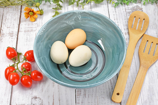 Ceramic Pottery Bowl Handmade, Blue Stoneware Medium Size Dish Party Serving Dining Fruit Salad Bread Pasta Housewarming Centerpiece