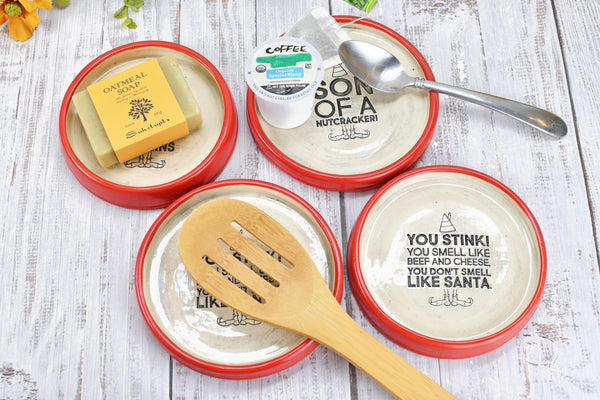 Buddy The Elf Christmas Ceramic Spoon Rest Soap Wine Bottle Drip Dish Handmade Pottery Best Cup of Coffee, Son of Nutcracker Ninnymuggins