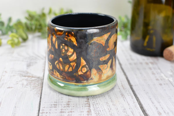 Bronze Whiskey Bourbon Cup, Pottery Anniversary Handmade Ceramic Tumbler Barware Wine Gift, Black, Green, Tan Mediterranean Moroccan SECONDS