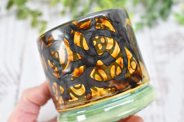 Bronze Whiskey Bourbon Cup, Pottery Anniversary Handmade Ceramic Tumbler Barware Wine Gift, Black, Green, Tan Mediterranean Moroccan SECONDS