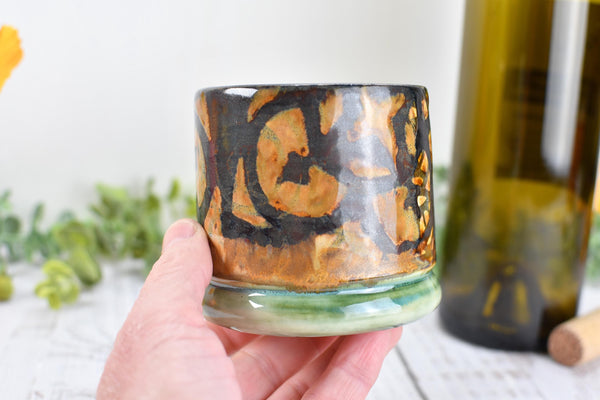 Bronze Whiskey Bourbon Cup, Pottery Anniversary Handmade Ceramic Tumbler Barware Wine Gift, Black, Green, Tan Mediterranean Moroccan SECONDS