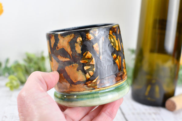 Bronze Whiskey Bourbon Cup, Pottery Anniversary Handmade Ceramic Tumbler Barware Wine Gift, Black, Green, Tan Mediterranean Moroccan SECONDS