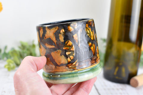 Bronze Whiskey Bourbon Cup, Pottery Anniversary Handmade Ceramic Tumbler Barware Wine Gift, Black, Green, Tan Mediterranean Moroccan SECONDS