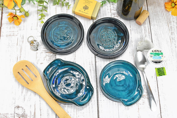 Blue Teal Ceramic Spoon Rest, Turquoise Handmade Small, Medium, Large Pottery for Stovetop, Table Counter - Housewarming Christmas Gift