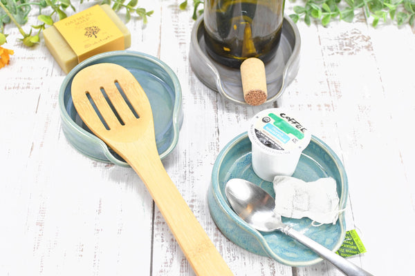 Beachy Ceramic Spoon Rest, Blue Sage Lavender Handmade Large Pottery for Stovetop, Table Counter - Housewarming Christmas Gift Ocean Decor