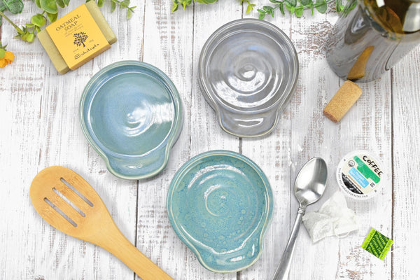 Beachy Ceramic Spoon Rest, Blue Sage Lavender Handmade Large Pottery for Stovetop, Table Counter - Housewarming Christmas Gift Ocean Decor