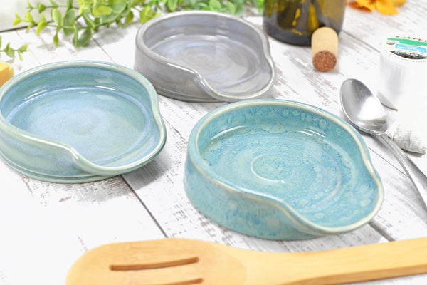 Beachy Ceramic Spoon Rest, Blue Sage Lavender Handmade Large Pottery for Stovetop, Table Counter - Housewarming Christmas Gift Ocean Decor