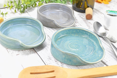 Beachy Ceramic Spoon Rest, Blue Sage Lavender Handmade Large Pottery for Stovetop, Table Counter - Housewarming Christmas Gift Ocean Decor