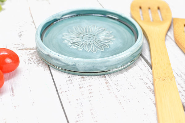 Sunflower Ceramic Spoon Rest, Blue Black Handmade Pottery for Stovetop, Wine Bottle Drip Dish Dining Table - Housewarming Christmas Gift