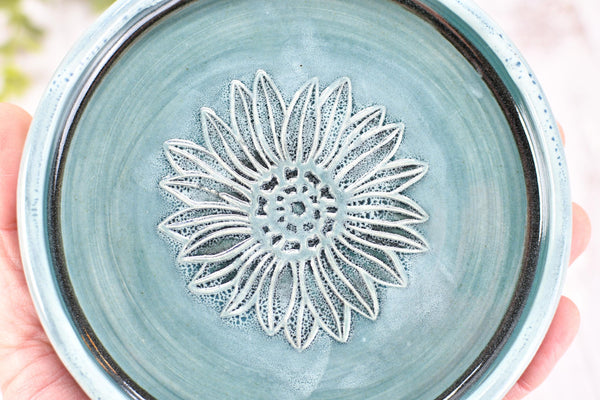 Sunflower Ceramic Spoon Rest, Blue Black Handmade Pottery for Stovetop, Wine Bottle Drip Dish Dining Table - Housewarming Christmas Gift