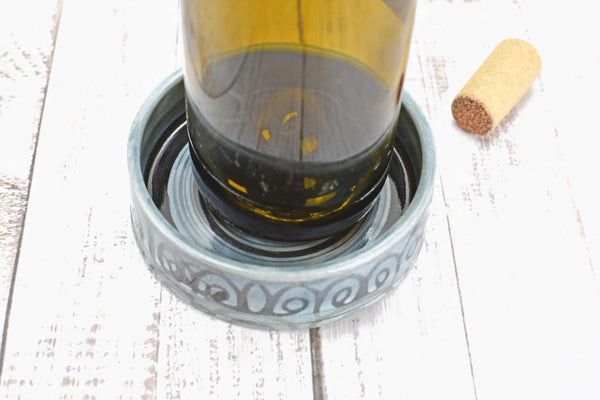 Ceramic Wine Bottle Drip Dish, Blue Black Striped Handmade Pottery for Stove Top Spoon Rest, Dining Table Bowl - Housewarming Christmas Gift