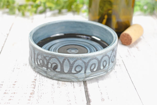 Ceramic Wine Bottle Drip Dish, Blue Black Striped Handmade Pottery for Stove Top Spoon Rest, Dining Table Bowl - Housewarming Christmas Gift