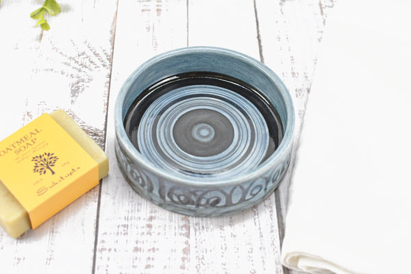 Ceramic Wine Bottle Drip Dish, Blue Black Striped Handmade Pottery for Stove Top Spoon Rest, Dining Table Bowl - Housewarming Christmas Gift