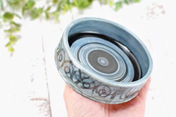 Ceramic Wine Bottle Drip Dish, Blue Black Striped Handmade Pottery for Stove Top Spoon Rest, Dining Table Bowl - Housewarming Christmas Gift