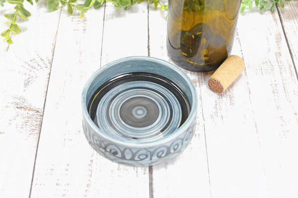 Ceramic Wine Bottle Drip Dish, Blue Black Striped Handmade Pottery for Stove Top Spoon Rest, Dining Table Bowl - Housewarming Christmas Gift