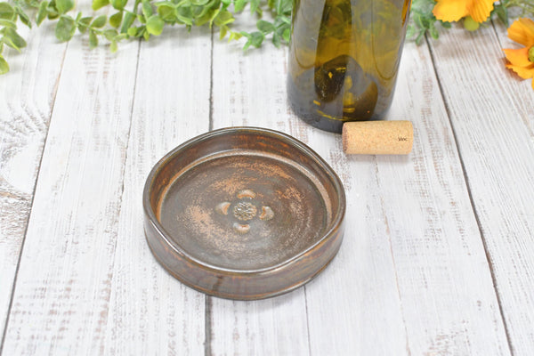 Copper Ceramic Wine Bottle Drip Bowl Handmade Stoneware Pottery Stove Top Spoon Rest Countertop Coffee Bar Rustic Southwest Soap Dish Decor